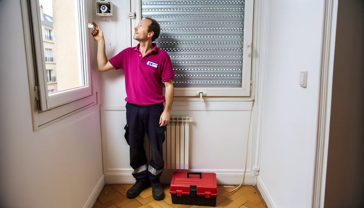 Technicien Dépanne'Volets en polo rose diagnostiquant un volet roulant a Seine et Marne