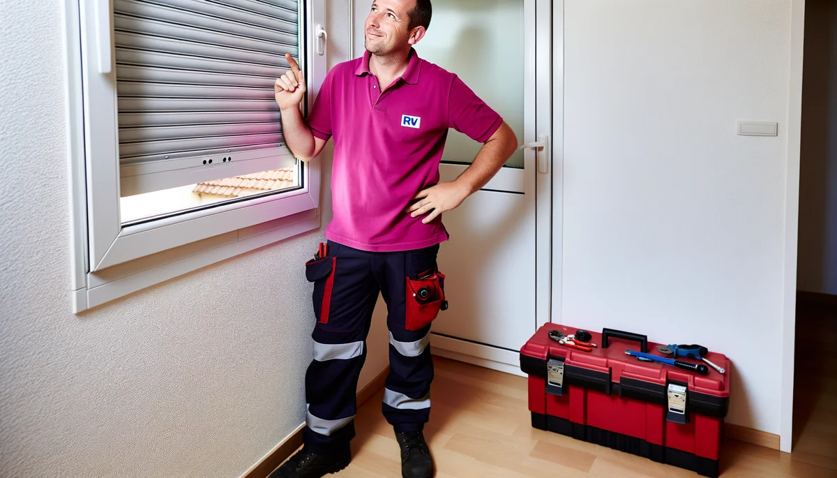 Technicien Dépanne'Volets en polo rose diagnostiquant un volet roulant a Alfortville