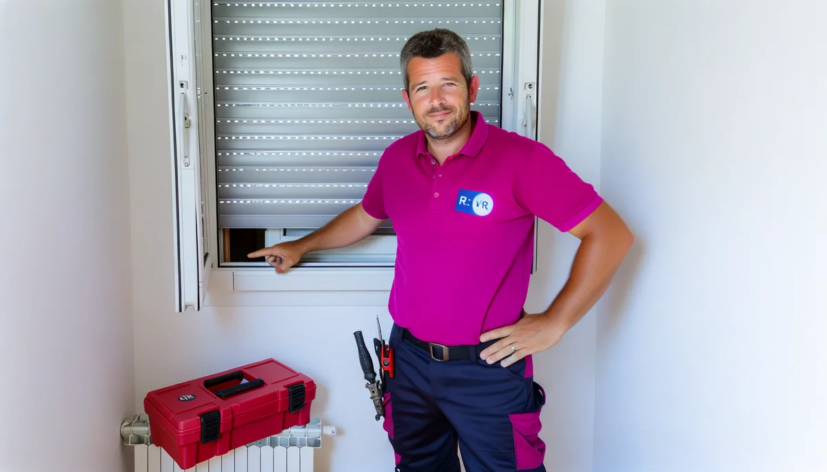Technicien Dépanne'Volets en polo rose diagnostiquant un volet roulant a Alfortville
