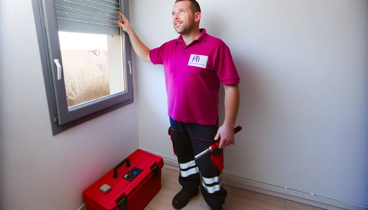 Technicien Dépanne'Volets en polo rose diagnostiquant un volet roulant a Nogent-sur-Marne