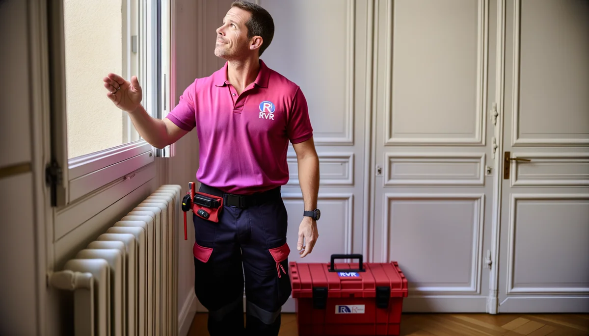 Technicien Dépanne'Volets en polo rose diagnostiquant un volet roulant a Villejuif